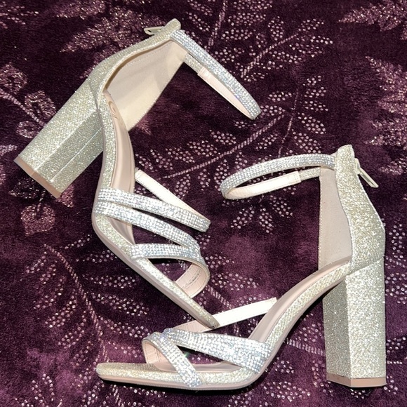 Polly Gold/Silver Rhinestone Prom Formal Party Club Chunky Block Heel Size.5 1/2 - Picture 2 of 9